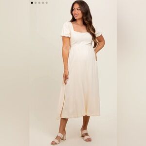 Pink Blush: Ivory Puff Sleeve Linen Maternity Midi Dress